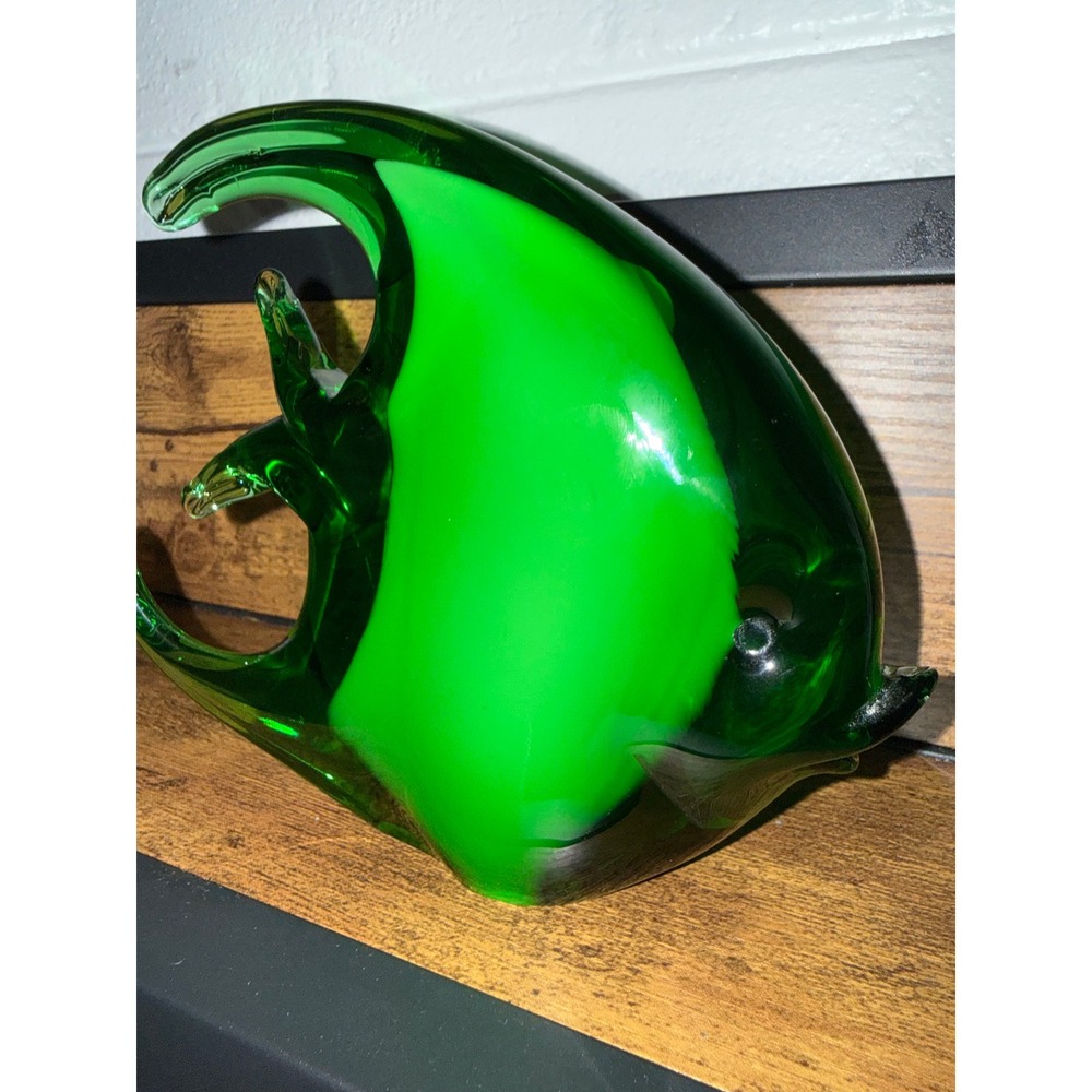 Vintage Murano Style Art Glass Angel Fish Figurine Emerald & Lime Green Decor